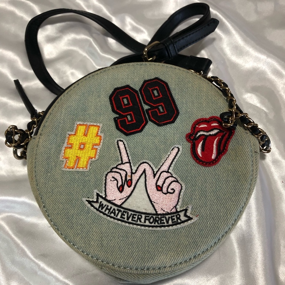 Olivia Miller Kids Patchwork Crossbody Bag - Light Denim.Round,Top Zip,Patches.